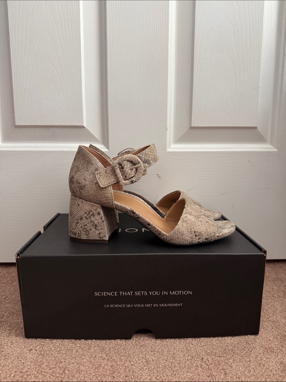 Vionic Taupe Snake-Print Block Heel Sandals with Ankle Strap - Picture 2 of 5